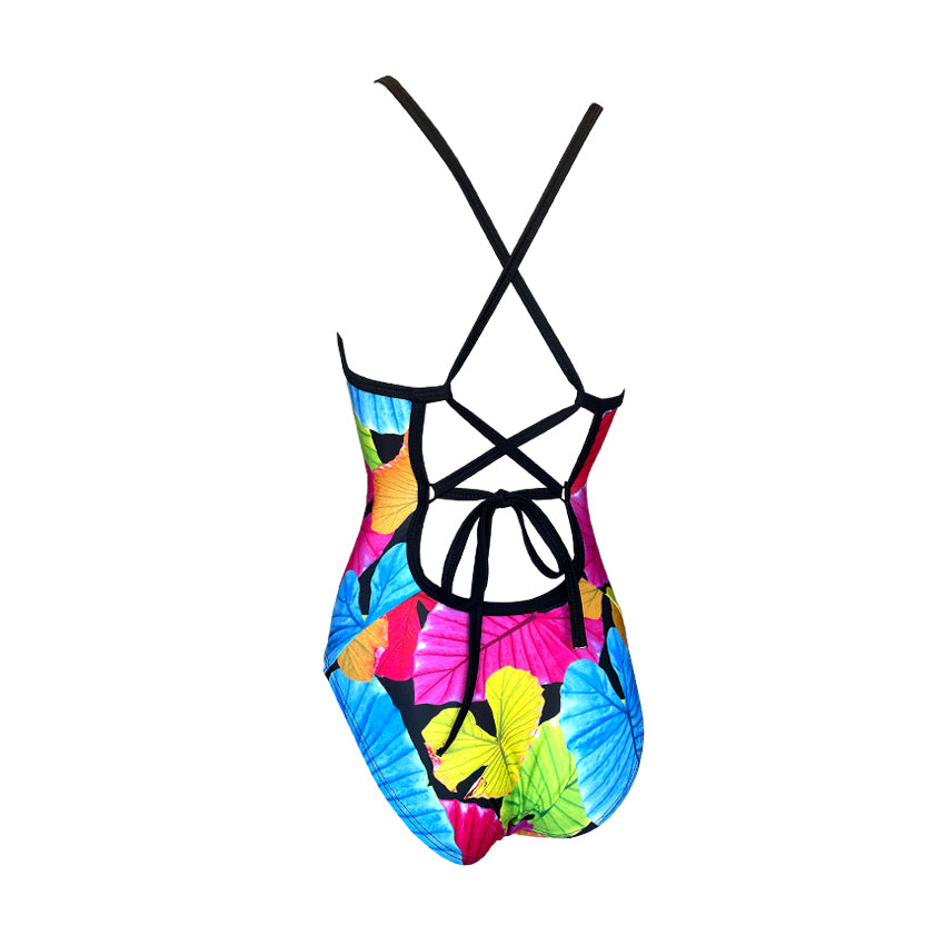 multi colour leaves with black background Ladies Chlorine Proof One Piece black back strap's. Australian Made
