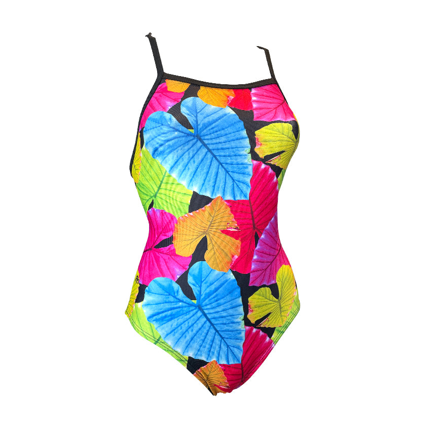 multi colour leaves with black background Ladies Chlorine Proof One Piece. Australian Made