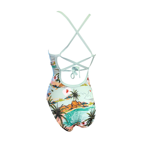 retro tropical beach print Girls Chlorine Proof One Piece light blue back straps. Australian made