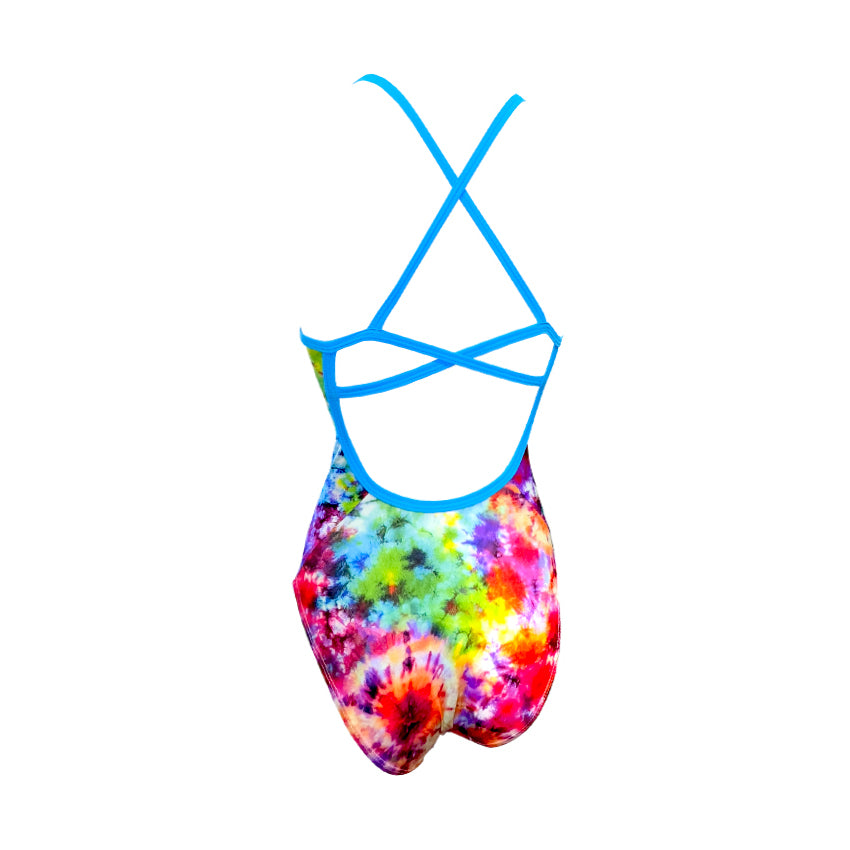 rainbow tie dye splash Girls Chlorine Proof One Piece blue back straps. Australian Made