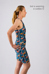 Ladies legsuit with fish on it with size guide