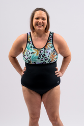 Woman's Empowered Chlorine Proof One Piece Swimsuit - Leopard Lagoon / Black