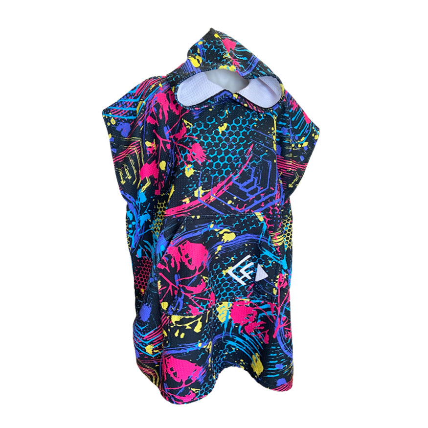 Black background with splash's of pink blue and yellow paint and with dark blue and light blue shape sand free kid hooded towel. Australian