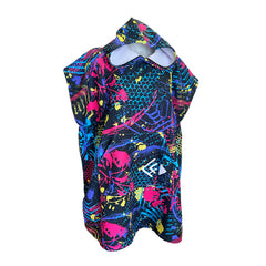 Black background with splash's of pink blue and yellow paint and with dark blue and light blue shape sand free adult hooded towel. Australian