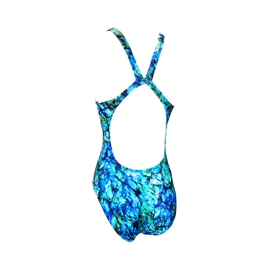 blue and green tie dye water print Ladies Chlorine Proof One Piece back strap's. Australian Made