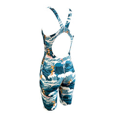 blue and white retro waves surf print Girls Chlorine Proof Leg Suit back strap's. Australian Made