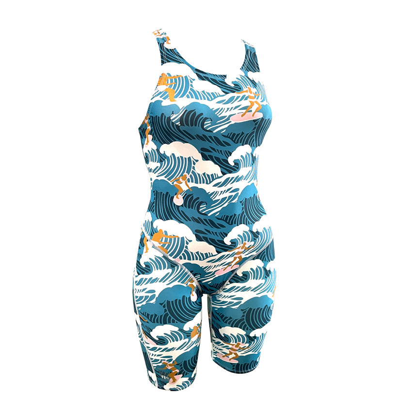 blue and white retro waves surf print Girls Chlorine Proof Leg Suit. Australian Made