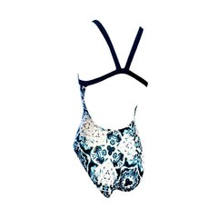 white and blue mandala print Ladies Chlorine Proof One Piece dark blue back strap's. Australian Made