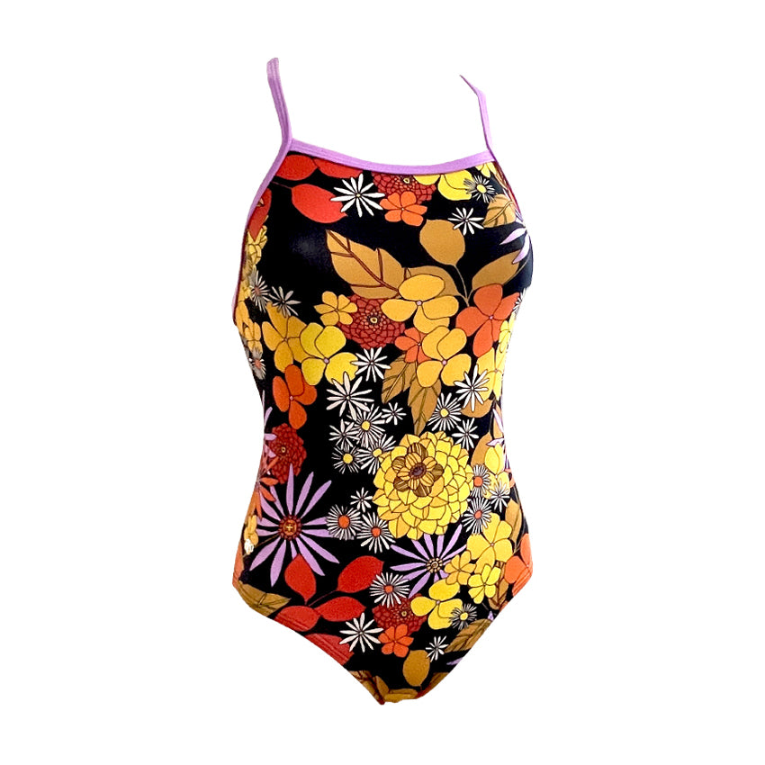 yellow orange white and purple retro Period Proof One Piece. Australian Made flower's with black background 
