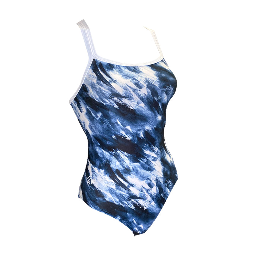blue and white paint stripes Ladies Chlorine Proof One Piece. Australian Made