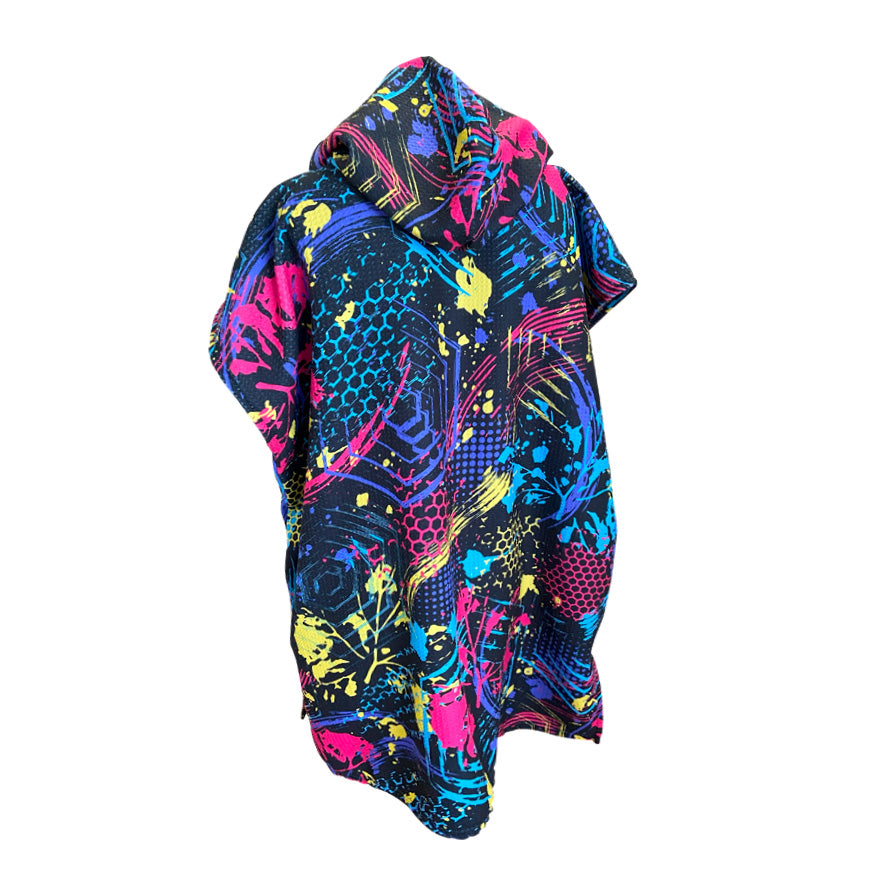 Black background with splash's of pink blue and yellow paint and with dark blue and light blue shape sand free adult hooded towel. Australian