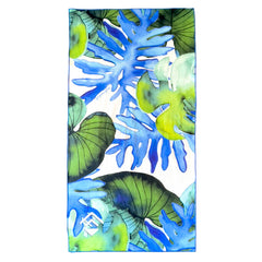 Tropical blue, green with a slight white background leaves sand free beach towel. Australia Made
