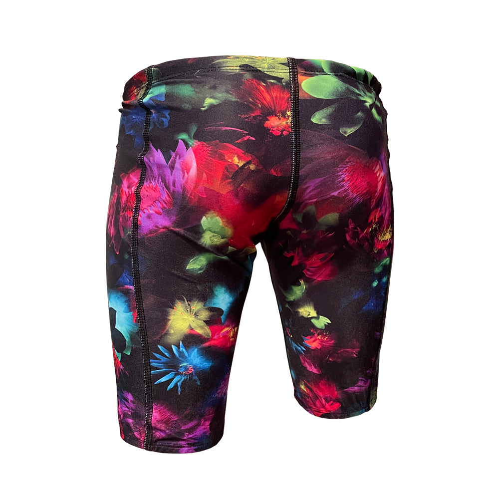 rainbow flowers with black background boys Chlorine Proof Jammers. Australian Made