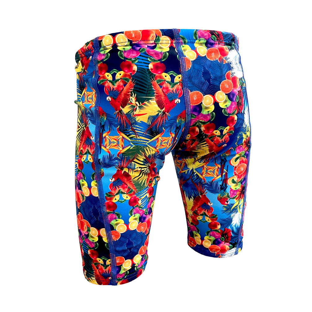 blue with tropical fruit print Chlorine Proof Jammers. Australian Made