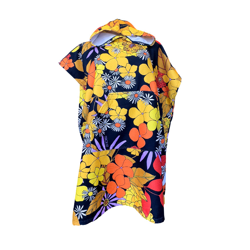 yellow orange white and purple retro flowers with black back ground sand free adult hooded towel. Australian