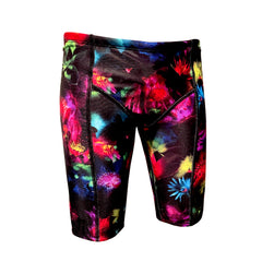 rainbow flowers with black background  boys Chlorine Proof Jammers. Australian Made