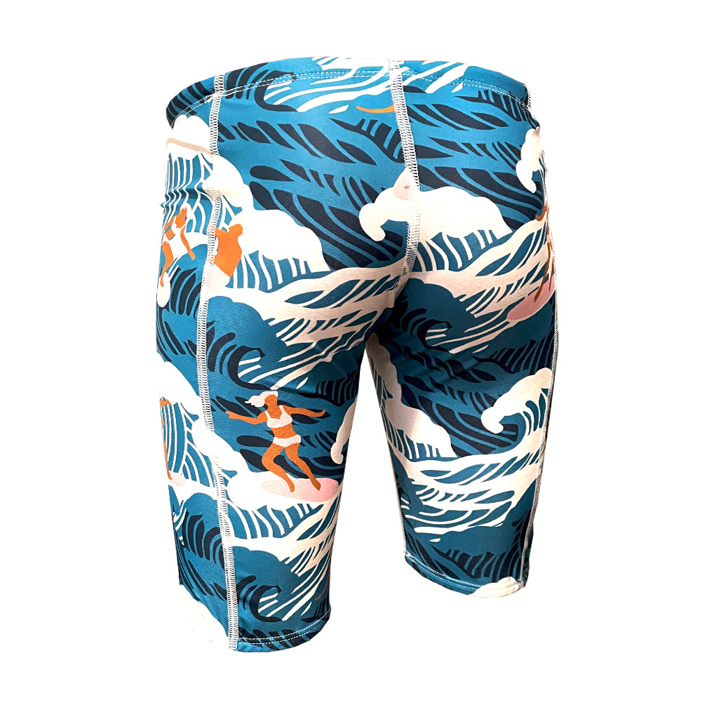 retro blue and white surf print boys chlorine proof jammers. Australian Made