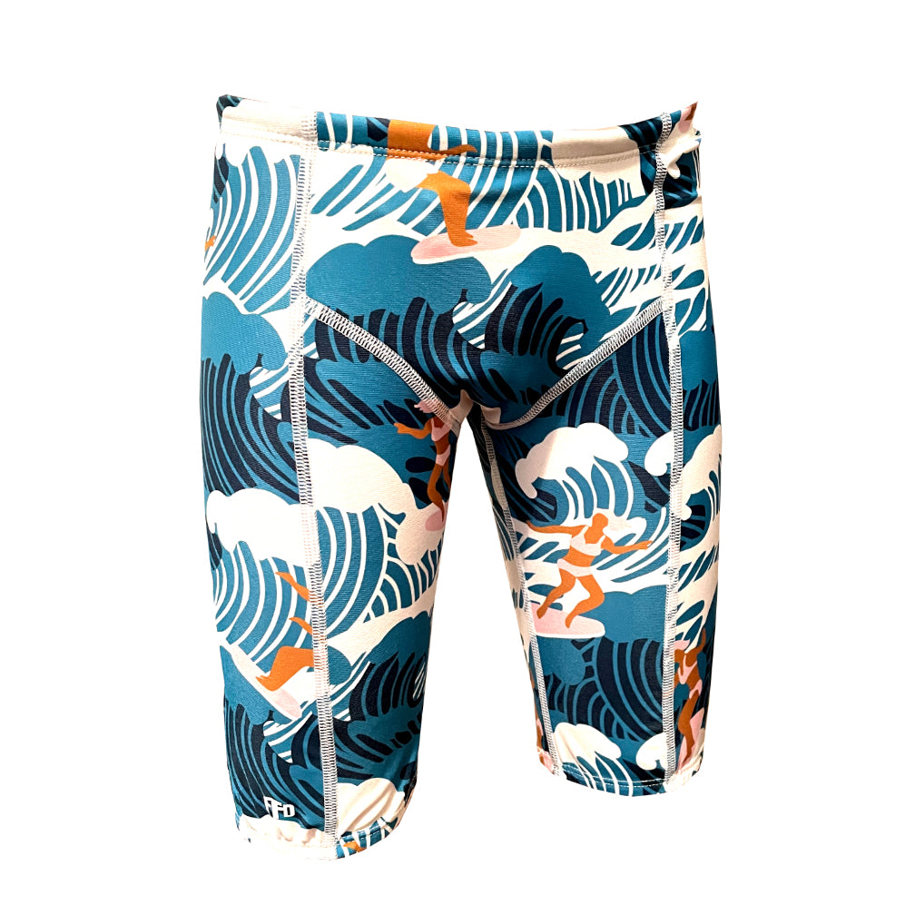 retro blue and white surf print boys chlorine proof jammers. Australian Made