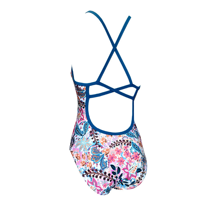 white background with multi colour flower print Girls Chlorine Proof One Piece back strap's . Australian Made