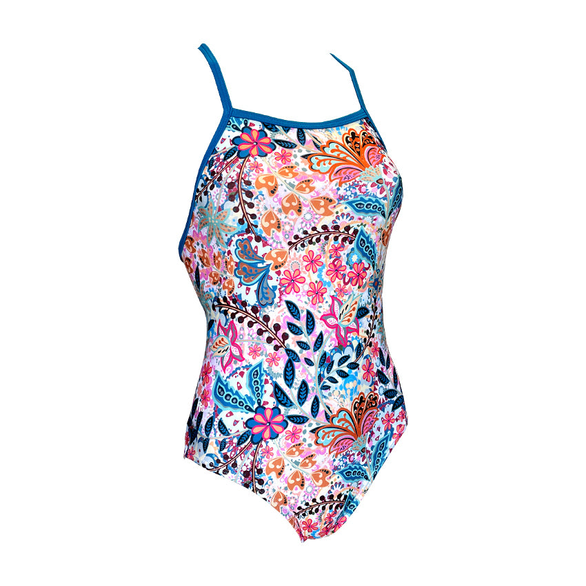 white background with multi colour flower print Girls Chlorine Proof One Piece. Australian Made