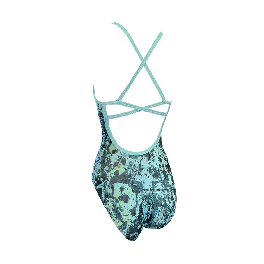 green and teal graffiti print Girls Chlorine Proof One Piece teal back strap's. Australian Made