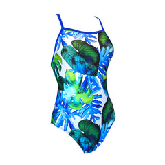 green and blue tropical retro leaves with white background Ladies Chlorine Proof One Piece. Australian Made