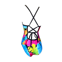 Multi colour retro leaves with black background Girls Chlorine Proof One Piece black back strap's. Australian Made