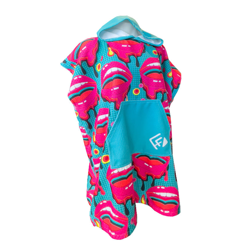 sand free hoodie towel - teal with big pink lips - hoodie towel australia