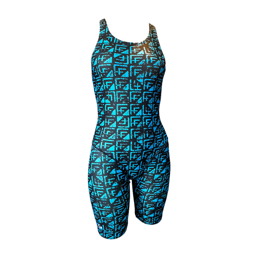 Blue Fashion Fish Logos With Black Background Girls Chlorine Proof Leg Suit. Australian Made