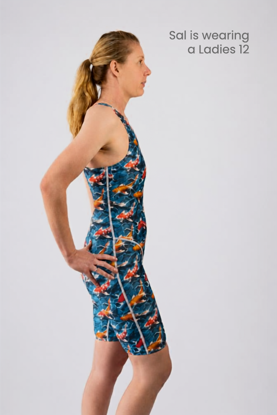 Ladies legsuit with fish on it with size guide
