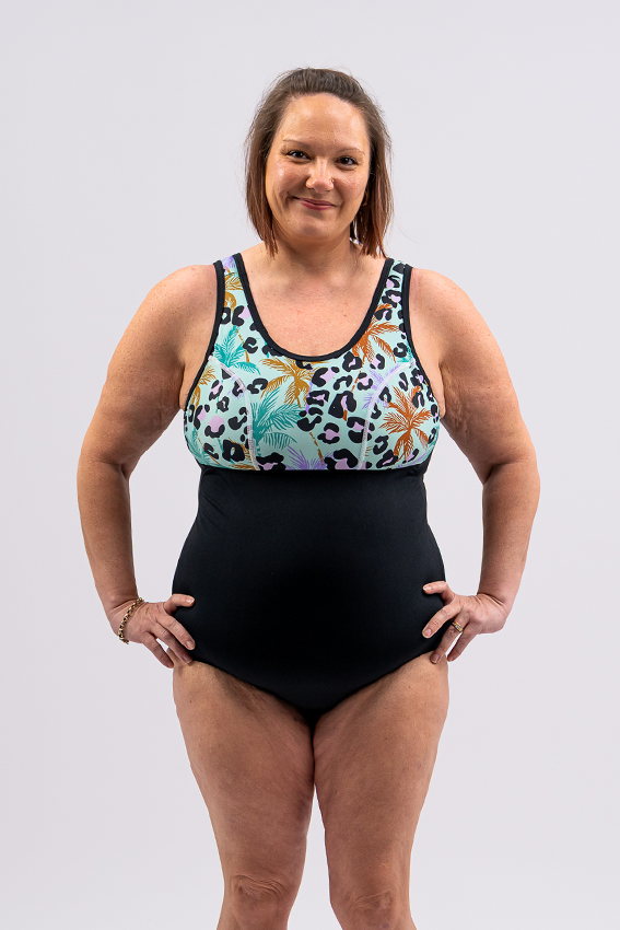 Woman's Empowered Chlorine Proof One Piece Swimsuit - Leopard Lagoon / Black