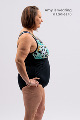 Woman's Empowered Chlorine Proof One Piece Swimsuit - Leopard Lagoon / Black