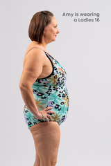 Woman's Empowered Chlorine Proof One Piece Swimsuit - Leopard Lagoon - Full Print