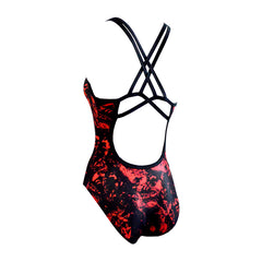 red and black tie dye Girls Chlorine Proof One Piece black back strap's. Australian Made