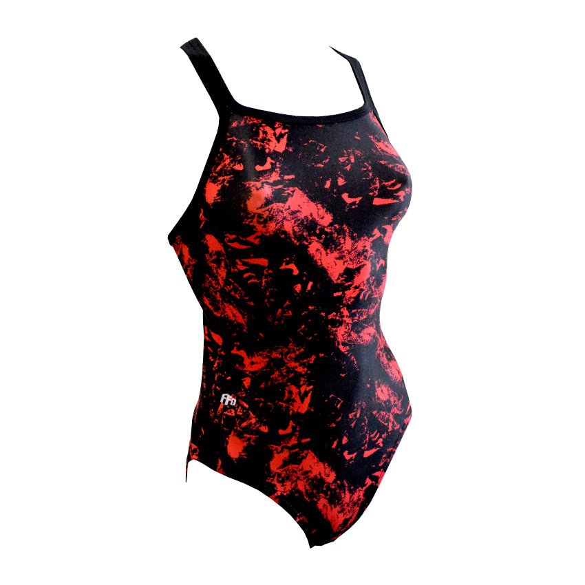 red and black tie dye Girls Chlorine Proof One Piece. Australian Made