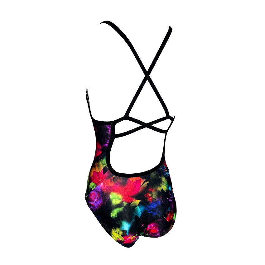 rainbow flowers with black background Girls Chlorine Proof One Piece black back strap's. Australian Made