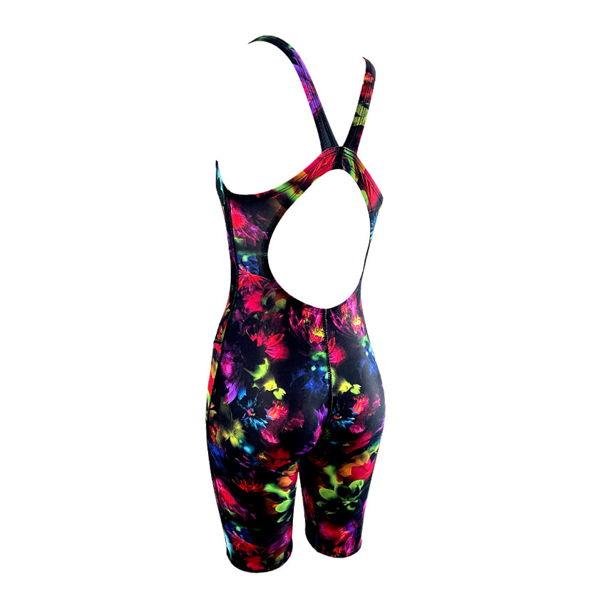 rainbow flowers with a black background Girls Chlorine Proof Leg Suit back strap's. Australian made
