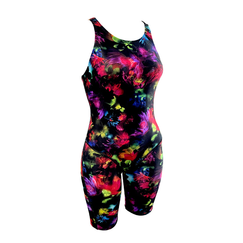 rainbow flowers with a black background Girls Chlorine Proof Leg Suit. Australian made