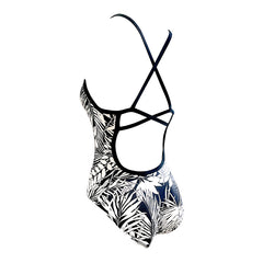 black and white retro leaves Girls Chlorine Proof One Piece black back strap's. Australian Made