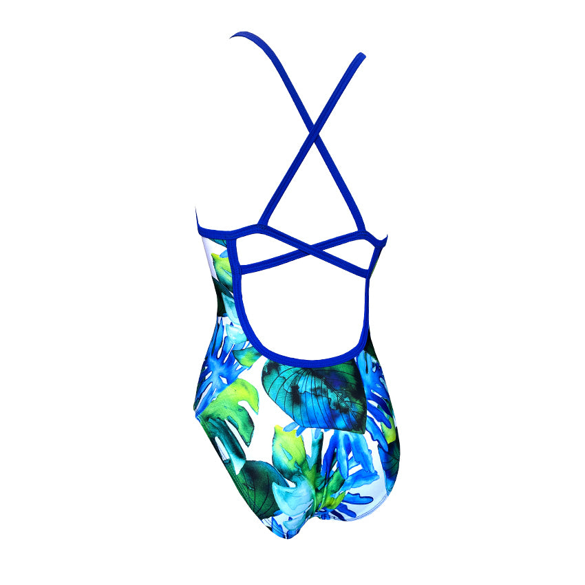 green and blue tropical retro leaves with white background Ladies Chlorine Proof One Piece dark blue back straps. Australian Made