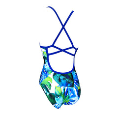 retro tropical blue and green leaves Girls Chlorine Proof One Piece back strap's. Australian Made