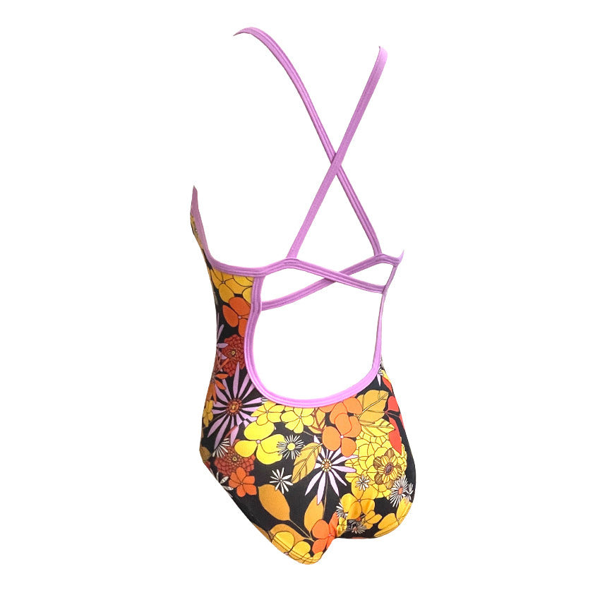 orange yellow white and purple flowers with black background Girls Chlorine Proof One Piece purple back strap's. Australian Made