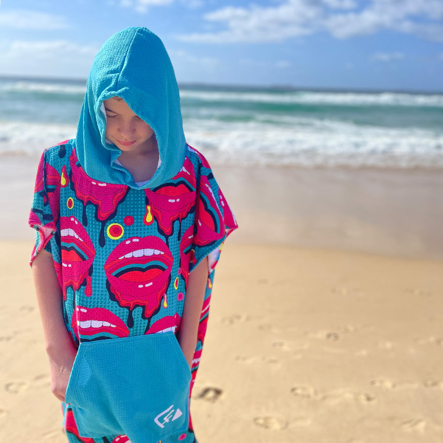Hooded towel at beach - beach towel with hood - boy in hooded towel 
