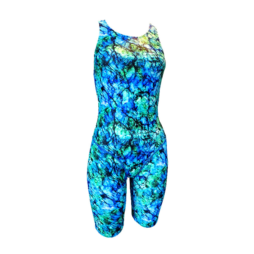 green and blue tie dye water print Girls Chlorine Proof Leg Suit. Australian Made