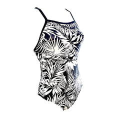 black and white retro leaves Girls Chlorine Proof One Piece. Australian Made
