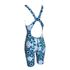 blue and white mandala print Girls Chlorine Proof Leg Suit back strap's. Australian Made
