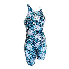 blue and white mandala print Girls Chlorine Proof Leg Suit. Australian Made
