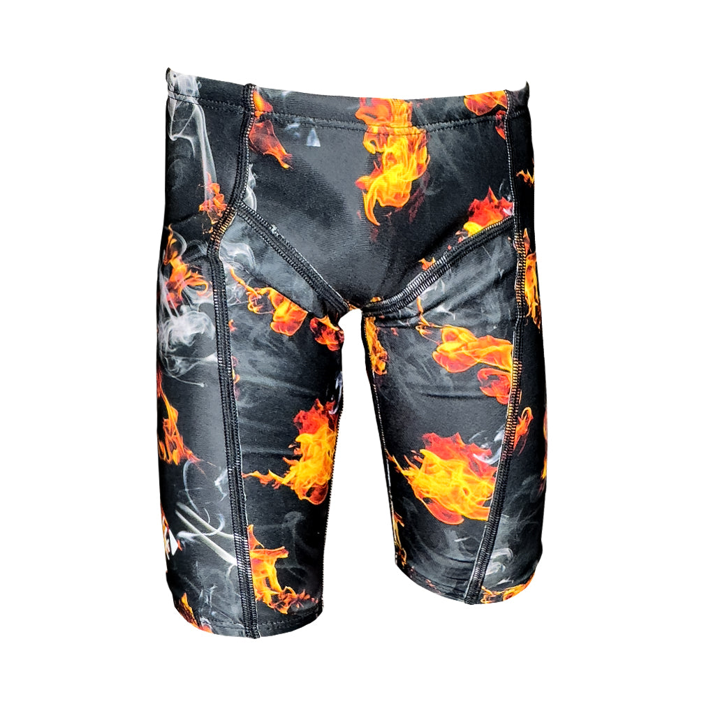 fire  and smoke with black background boys Chlorine Proof Jammers. Australian Made