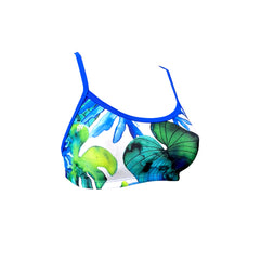 blue and green retro leaves Girls Chlorine Proof Two Piece Top. Australian Made