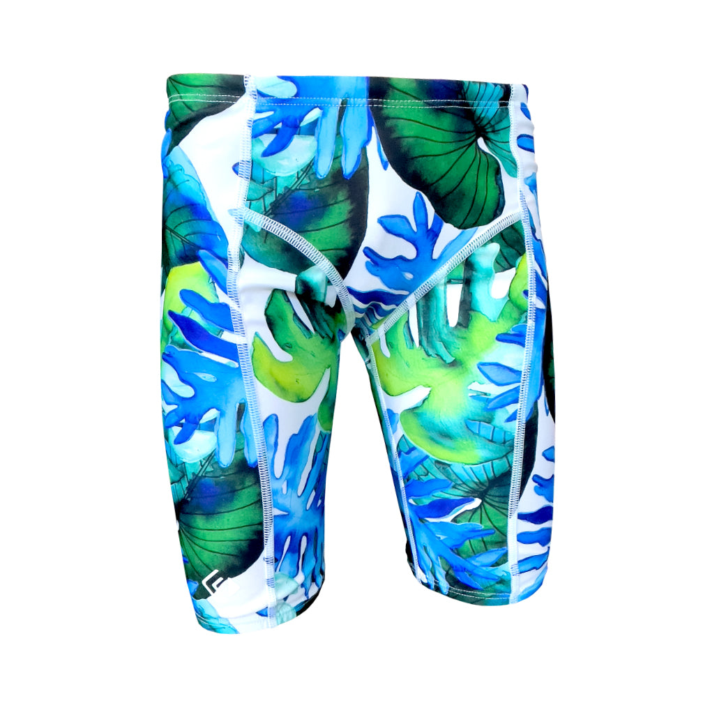 retro tropical blue and green leaves Boys Chlorine Proof Jammers. Australian Made